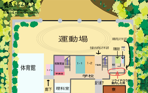 学校１階と中庭と渡り廊下周辺の見取り図